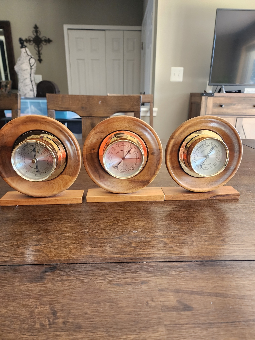 Three-Piece Vintage Wooden Weather Instrument Set with Brass Accents — Brown